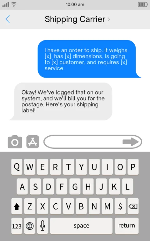 Chat-style illustration of a store's system requesting a shipping label from a carrier via a shipping API