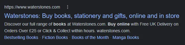 Google search result for 'buy books online' showing the top-ranking UK bookseller listing