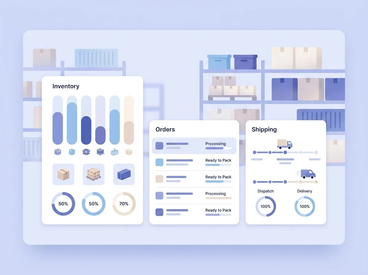 WMS dashboard managing inventory, orders and shipping