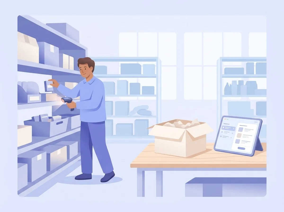 Picking with a barcode scanner and a packing station